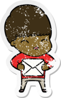 distressed sticker of a happy cartoon boy png