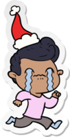 hand drawn sticker cartoon of a man crying wearing santa hat png