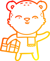 warm gradient line drawing of a happy cartoon bear with present png