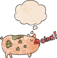 dessin animé oinking porc avec pensée bulle dans grunge texture style png