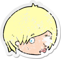 retro distressed sticker of a cartoon female face with raised eyebrow png