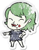 distressed sticker of a cartoon vampire girl with blood on cheek png