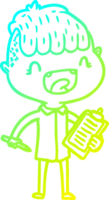 cold gradient line drawing of a cartoon happy boy with clip board laughing png