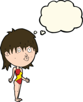 cartoon woman in swimsuit shrugging shoulders with thought bubble png