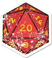 grunge sticker of a natural 20 D20 dice roll png