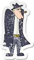 retro distressed sticker of a cartoon man in hat and trench coat png