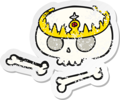 retro distressed sticker of a cartoon skull wearing tiara png