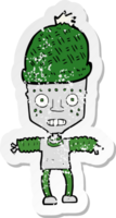 adesivo retrô angustiado de um robô de desenho animado usando chapéu png