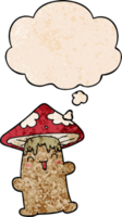 dessin animé champignon personnage avec pensée bulle dans grunge texture style png