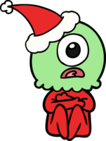 hand drawn line drawing of a cyclops alien spaceman wearing santa hat png