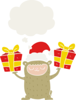 cartoon christmas bear with thought bubble in retro style png