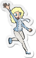 retro distressed sticker of a cartoon woman waving dressed for winter png