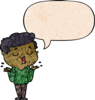 cartoon man talking and shrugging shoulders with speech bubble in retro texture style png