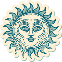 ikonisches beunruhigtes Aufkleber-Tattoo-Stilbild einer Sonne mit Gesicht png
