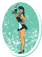 distressed sticker tattoo in traditional style of a pinup waitress girl png