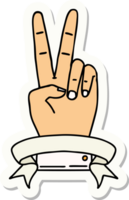 klistermärke av en fred två finger hand gest med baner png
