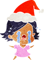 hand drawn retro cartoon of a woman crying wearing santa hat png