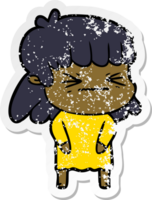 distressed sticker of a cartoon angry girl png