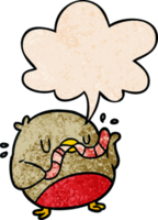 cartoon bird eating worm with speech bubble in retro texture style png