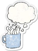 cartoon hot cup of coffee with thought bubble as a distressed worn sticker png