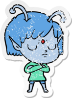 distressed sticker of a cartoon alien girl png