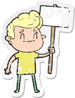 distressed sticker of a happy cartoon man with sign png