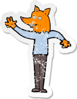 retro distressed sticker of a cartoon waving fox man png