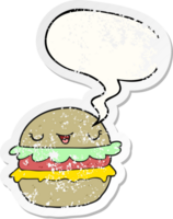 tecknad serie burger med Tal bubbla bedrövad bedrövad gammal klistermärke png