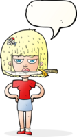 Cartoon-Frau mit Messer zwischen den Zähnen mit Sprechblase png