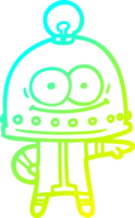 cold gradient line drawing of a happy carton robot with light bulb png