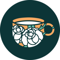 iconic tattoo style image of a cup and flowers png