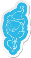 eigenzinnig tekenfilm sticker van een loensen meisje in jurk vervelend de kerstman hoed png