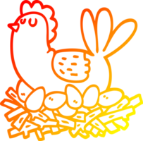 warm gradient line drawing of a cartoon chicken on nest of eggs png