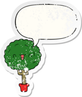 cartone animato contento albero con discorso bolla afflitto afflitto vecchio etichetta png