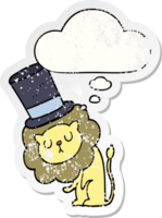 cute cartoon lion wearing top hat with thought bubble as a distressed worn sticker png