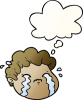 cartoon crying boy with thought bubble in smooth gradient style png