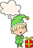 cartoon happy christmas elf with thought bubble in comic book style png