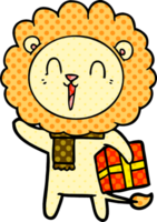 Caricature de lion riant avec cadeau de Noël png