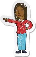 retro distressed sticker of a cartoon woman pointing png