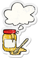 cartoon jar of honey with thought bubble as a distressed worn sticker png