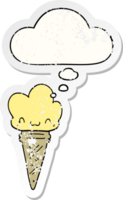cartoon ice cream with face with thought bubble as a distressed worn sticker png