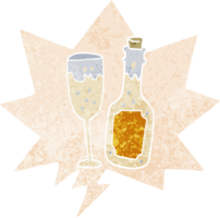 dessin animé Champagne bouteille et verre avec discours bulle dans grunge affligé rétro texturé style png