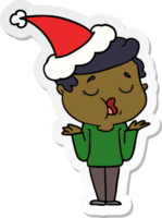 hand drawn sticker cartoon of a man talking and shrugging shoulders wearing santa hat png