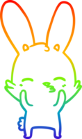 rainbow gradient line drawing of a curious waving bunny cartoon png