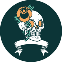 tattoo style icon with banner of a skull and rose png