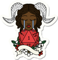 sticker of a crying tiefling with natural one D20 roll png