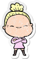 distressed sticker of a cartoon peaceful old woman png