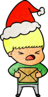 hand drawn textured cartoon of a stressed man wearing santa hat png