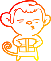 warm gradient line drawing of a cartoon suspicious monkey with present png