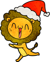 happy hand drawn textured cartoon of a lion wearing santa hat png